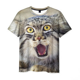 Мужская футболка 3D с принтом Дикий кот , 100% полиэфир | прямой крой, круглый вырез горловины, длина до линии бедер | animal | cat | eyes | jaws | predator | teeth | wild | взгляд | дикий | животное | клыки | кот | пасть | хищник