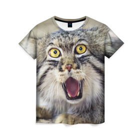 Женская футболка 3D с принтом Дикий кот , 100% полиэфир ( синтетическое хлопкоподобное полотно) | прямой крой, круглый вырез горловины, длина до линии бедер | animal | cat | eyes | jaws | predator | teeth | wild | взгляд | дикий | животное | клыки | кот | пасть | хищник