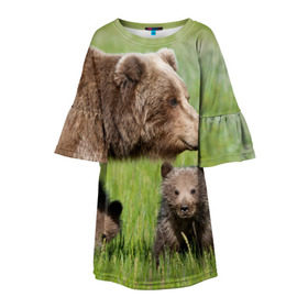 Детское платье 3D с принтом Медведи , 100% полиэстер | прямой силуэт, чуть расширенный к низу. Круглая горловина, на рукавах — воланы | Тематика изображения на принте: animals | bears | children | family | green | meadow | mother | predators | дети | животные | зеленая | мама | медведи | поляна | семья | хищники