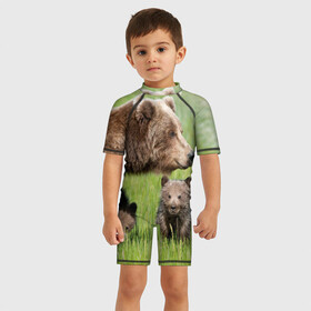 Детский купальный костюм 3D с принтом Медведи , Полиэстер 85%, Спандекс 15% | застежка на молнии на спине | animals | bears | children | family | green | meadow | mother | predators | дети | животные | зеленая | мама | медведи | поляна | семья | хищники