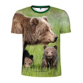 Мужская футболка 3D спортивная с принтом Медведи , 100% полиэстер с улучшенными характеристиками | приталенный силуэт, круглая горловина, широкие плечи, сужается к линии бедра | animals | bears | children | family | green | meadow | mother | predators | дети | животные | зеленая | мама | медведи | поляна | семья | хищники