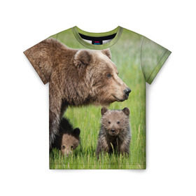 Детская футболка 3D с принтом Медведи , 100% гипоаллергенный полиэфир | прямой крой, круглый вырез горловины, длина до линии бедер, чуть спущенное плечо, ткань немного тянется | Тематика изображения на принте: animals | bears | children | family | green | meadow | mother | predators | дети | животные | зеленая | мама | медведи | поляна | семья | хищники