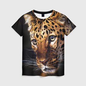 Женская футболка 3D с принтом Леопард , 100% полиэфир ( синтетическое хлопкоподобное полотно) | прямой крой, круглый вырез горловины, длина до линии бедер | animal | leopard | look | predator | spotted | wild | взгляд | дикий | животное | леопард | пятнистый | хищник