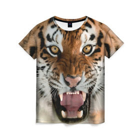 Женская футболка 3D с принтом Тигр , 100% полиэфир ( синтетическое хлопкоподобное полотно) | прямой крой, круглый вырез горловины, длина до линии бедер | animal | predator | striped | tiger | view | wild | взгляд | дикий | животное | полосатый | тигр | хищник