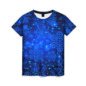 Женская футболка 3D с принтом Снежинки , 100% полиэфир ( синтетическое хлопкоподобное полотно) | прямой крой, круглый вырез горловины, длина до линии бедер | круги | новогодний | рождество | синий | снежинка | темный