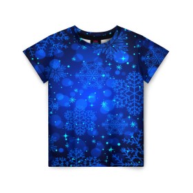 Детская футболка 3D с принтом Снежинки , 100% гипоаллергенный полиэфир | прямой крой, круглый вырез горловины, длина до линии бедер, чуть спущенное плечо, ткань немного тянется | круги | новогодний | рождество | синий | снежинка | темный