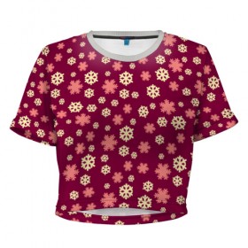 Женская футболка 3D укороченная с принтом Снежинки бордо , 100% полиэстер | круглая горловина, длина футболки до линии талии, рукава с отворотами | год петуха | детям | любимым. | новый год | подарок | популярное | снег | снежинки