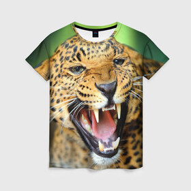 Женская футболка 3D с принтом Леопард , 100% полиэфир ( синтетическое хлопкоподобное полотно) | прямой крой, круглый вырез горловины, длина до линии бедер | animal | leopard | look | predator | spotted | wild | взгляд | дикий | животное | леопард | пятнистый | хищник