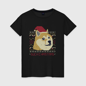 Женская футболка хлопок с принтом Новогодний свитер Doge , 100% хлопок | прямой крой, круглый вырез горловины, длина до линии бедер, слегка спущенное плечо | doge | доге | мем | новый год | собака