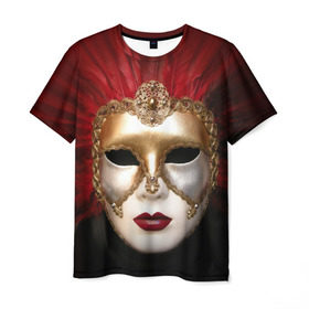 Мужская футболка 3D с принтом Венецианская маска , 100% полиэфир | прямой крой, круглый вырез горловины, длина до линии бедер | венеция | италия | карнавал | красный | лицо | перья