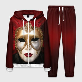 Мужской костюм 3D с принтом Венецианская маска , 100% полиэстер | Манжеты и пояс оформлены тканевой резинкой, двухслойный капюшон со шнурком для регулировки, карманы спереди | Тематика изображения на принте: венеция | италия | карнавал | красный | лицо | перья