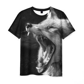 Мужская футболка 3D с принтом Лиса , 100% полиэфир | прямой крой, круглый вырез горловины, длина до линии бедер | animal | bw | fox | jaws | predator | sly | teeth | wild | yawn | дикая | животное | зевает | зубы | лиса | пасть | хитрая | хищник | чб