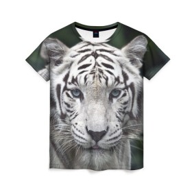 Женская футболка 3D с принтом Белый тигр , 100% полиэфир ( синтетическое хлопкоподобное полотно) | прямой крой, круглый вырез горловины, длина до линии бедер | animal | jungle | look | predator | tiger | white | wild | белый | взгляд | джунгли | дикий | животное | тигр | хищник