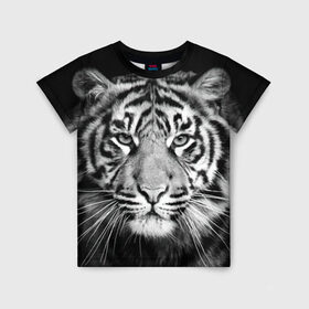 Детская футболка 3D с принтом Тигр , 100% гипоаллергенный полиэфир | прямой крой, круглый вырез горловины, длина до линии бедер, чуть спущенное плечо, ткань немного тянется | Тематика изображения на принте: animal | black   white | look | predator | tiger | wild | взгляд | дикий | животное | тигр | хищник | черно   белый