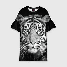 Детское платье 3D с принтом Тигр , 100% полиэстер | прямой силуэт, чуть расширенный к низу. Круглая горловина, на рукавах — воланы | animal | black   white | look | predator | tiger | wild | взгляд | дикий | животное | тигр | хищник | черно   белый