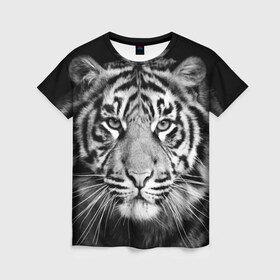 Женская футболка 3D с принтом Тигр , 100% полиэфир ( синтетическое хлопкоподобное полотно) | прямой крой, круглый вырез горловины, длина до линии бедер | animal | black   white | look | predator | tiger | wild | взгляд | дикий | животное | тигр | хищник | черно   белый