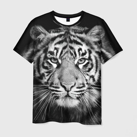 Мужская футболка 3D с принтом Тигр , 100% полиэфир | прямой крой, круглый вырез горловины, длина до линии бедер | Тематика изображения на принте: animal | black   white | look | predator | tiger | wild | взгляд | дикий | животное | тигр | хищник | черно   белый