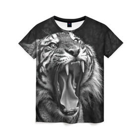 Женская футболка 3D с принтом Тигр , 100% полиэфир ( синтетическое хлопкоподобное полотно) | прямой крой, круглый вырез горловины, длина до линии бедер | animal | black   white | fangs | jaws | jungle | predator | teeth | tiger | wild | джунгли | дикий | животное | клыки | оскал | пасть | тигр | хищник | черно   белый