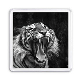 Магнит 55*55 с принтом Тигр , Пластик | Размер: 65*65 мм; Размер печати: 55*55 мм | animal | black   white | fangs | jaws | jungle | predator | teeth | tiger | wild | джунгли | дикий | животное | клыки | оскал | пасть | тигр | хищник | черно   белый