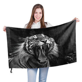 Флаг 3D с принтом Тигр , 100% полиэстер | плотность ткани — 95 г/м2, размер — 67 х 109 см. Принт наносится с одной стороны | animal | black   white | fangs | jaws | jungle | predator | teeth | tiger | wild | джунгли | дикий | животное | клыки | оскал | пасть | тигр | хищник | черно   белый