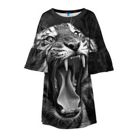 Детское платье 3D с принтом Тигр , 100% полиэстер | прямой силуэт, чуть расширенный к низу. Круглая горловина, на рукавах — воланы | animal | black   white | fangs | jaws | jungle | predator | teeth | tiger | wild | джунгли | дикий | животное | клыки | оскал | пасть | тигр | хищник | черно   белый