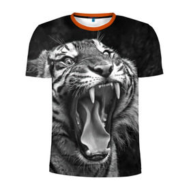 Мужская футболка 3D спортивная с принтом Тигр , 100% полиэстер с улучшенными характеристиками | приталенный силуэт, круглая горловина, широкие плечи, сужается к линии бедра | Тематика изображения на принте: animal | black   white | fangs | jaws | jungle | predator | teeth | tiger | wild | джунгли | дикий | животное | клыки | оскал | пасть | тигр | хищник | черно   белый