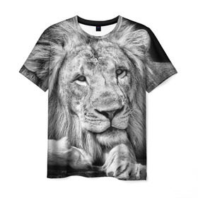 Мужская футболка 3D с принтом Лев , 100% полиэфир | прямой крой, круглый вырез горловины, длина до линии бедер | Тематика изображения на принте: animal | black   white | king | lies | lion | look | predator | wild | взгляд | дикий | животное | зверь | лев | лежит | хищник | царь | черно   белый