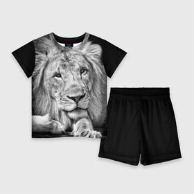 Детский костюм с шортами 3D с принтом Лев ,  |  | Тематика изображения на принте: animal | black   white | king | lies | lion | look | predator | wild | взгляд | дикий | животное | зверь | лев | лежит | хищник | царь | черно   белый