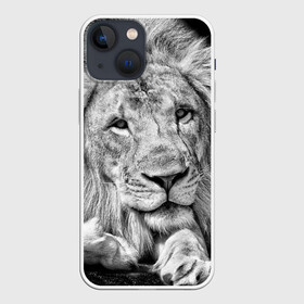 Чехол для iPhone 13 mini с принтом Лев ,  |  | animal | black   white | king | lies | lion | look | predator | wild | взгляд | дикий | животное | зверь | лев | лежит | хищник | царь | черно   белый