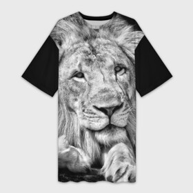 Платье-футболка 3D с принтом Лев ,  |  | animal | black   white | king | lies | lion | look | predator | wild | взгляд | дикий | животное | зверь | лев | лежит | хищник | царь | черно   белый