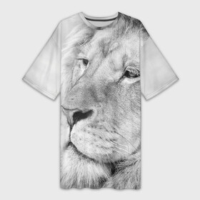 Платье-футболка 3D с принтом Лев ,  |  | animal | black   white | king | lion | look | predator | wild | взгляд | дикий | животное | зверь | лев | хищник | царь | черно   белый