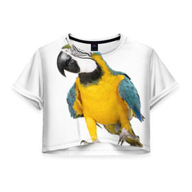 Женская футболка 3D укороченная с принтом Попугай ара , 100% полиэстер | круглая горловина, длина футболки до линии талии, рукава с отворотами | желтый | птица | синий | экзотика
