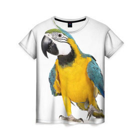 Женская футболка 3D с принтом Попугай ара , 100% полиэфир ( синтетическое хлопкоподобное полотно) | прямой крой, круглый вырез горловины, длина до линии бедер | желтый | птица | синий | экзотика
