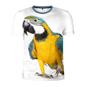 Мужская футболка 3D спортивная с принтом Попугай ара , 100% полиэстер с улучшенными характеристиками | приталенный силуэт, круглая горловина, широкие плечи, сужается к линии бедра | желтый | птица | синий | экзотика