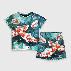 Детский костюм с шортами 3D с принтом Koi Fish (карпы кои) ,  |  | bright | brocade | carp | color | decorative | depth | exotic | fish | koi | koi fish | sea | water | вода | глубина | декоративные | карпы | кои | море | парчовый | рыбки | цвет | экзотические | яркий