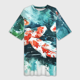 Платье-футболка 3D с принтом Koi Fish (карпы кои) ,  |  | bright | brocade | carp | color | decorative | depth | exotic | fish | koi | koi fish | sea | water | вода | глубина | декоративные | карпы | кои | море | парчовый | рыбки | цвет | экзотические | яркий