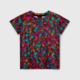 Детская футболка 3D с принтом Перья , 100% гипоаллергенный полиэфир | прямой крой, круглый вырез горловины, длина до линии бедер, чуть спущенное плечо, ткань немного тянется | Тематика изображения на принте: петух | попугай | птица | разноцветный | текстура | чудо