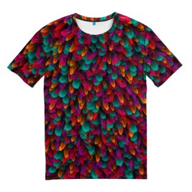 Мужская футболка 3D с принтом Перья , 100% полиэфир | прямой крой, круглый вырез горловины, длина до линии бедер | Тематика изображения на принте: петух | попугай | птица | разноцветный | текстура | чудо