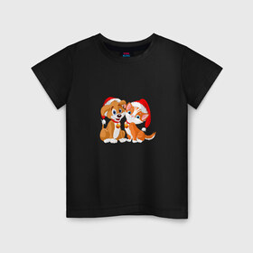 Детская футболка хлопок с принтом Щенок и котенок , 100% хлопок | круглый вырез горловины, полуприлегающий силуэт, длина до линии бедер | 