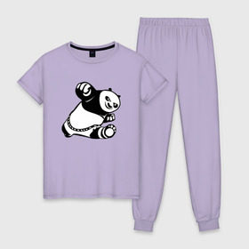 Женская пижама хлопок с принтом Панда , 100% хлопок | брюки и футболка прямого кроя, без карманов, на брюках мягкая резинка на поясе и по низу штанин | Тематика изображения на принте: кунг фу | мульт | панда