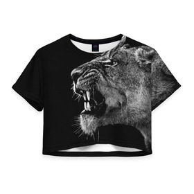 Женская футболка 3D укороченная с принтом Львица , 100% полиэстер | круглая горловина, длина футболки до линии талии, рукава с отворотами | animal | fangs | head | lion | lioness | predator | teeth | wild | голова | дикая | животное | клыки | лев | львица | оскал | хищник