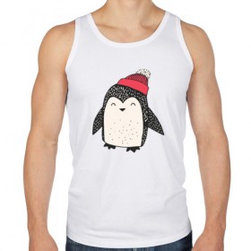 Мужская майка хлопок с принтом Пингвин в шапке , 100% хлопок |  | Тематика изображения на принте: милота