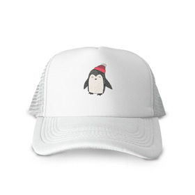 Кепка тракер с сеткой с принтом Пингвин в шапке , трикотажное полотно; задняя часть — сетка | длинный козырек, универсальный размер, пластиковая застежка | милота