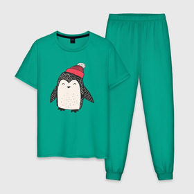 Мужская пижама хлопок с принтом Пингвин в шапке , 100% хлопок | брюки и футболка прямого кроя, без карманов, на брюках мягкая резинка на поясе и по низу штанин
 | милота