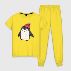 Женская пижама хлопок с принтом Пингвин в шапке , 100% хлопок | брюки и футболка прямого кроя, без карманов, на брюках мягкая резинка на поясе и по низу штанин | милота