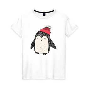 Женская футболка хлопок с принтом Пингвин в шапке , 100% хлопок | прямой крой, круглый вырез горловины, длина до линии бедер, слегка спущенное плечо | милота