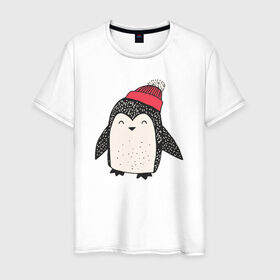 Мужская футболка хлопок с принтом Пингвин в шапке , 100% хлопок | прямой крой, круглый вырез горловины, длина до линии бедер, слегка спущенное плечо. | милота