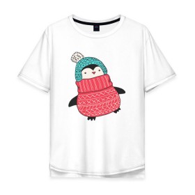 Мужская футболка хлопок Oversize с принтом Пингвин в шапке , 100% хлопок | свободный крой, круглый ворот, “спинка” длиннее передней части | 