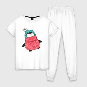 Женская пижама хлопок с принтом Пингвин в шапке , 100% хлопок | брюки и футболка прямого кроя, без карманов, на брюках мягкая резинка на поясе и по низу штанин | 