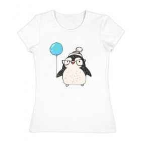 Женская футболка хлопок с принтом Пингвин с шариком , 100% хлопок | прямой крой, круглый вырез горловины, длина до линии бедер, слегка спущенное плечо | 